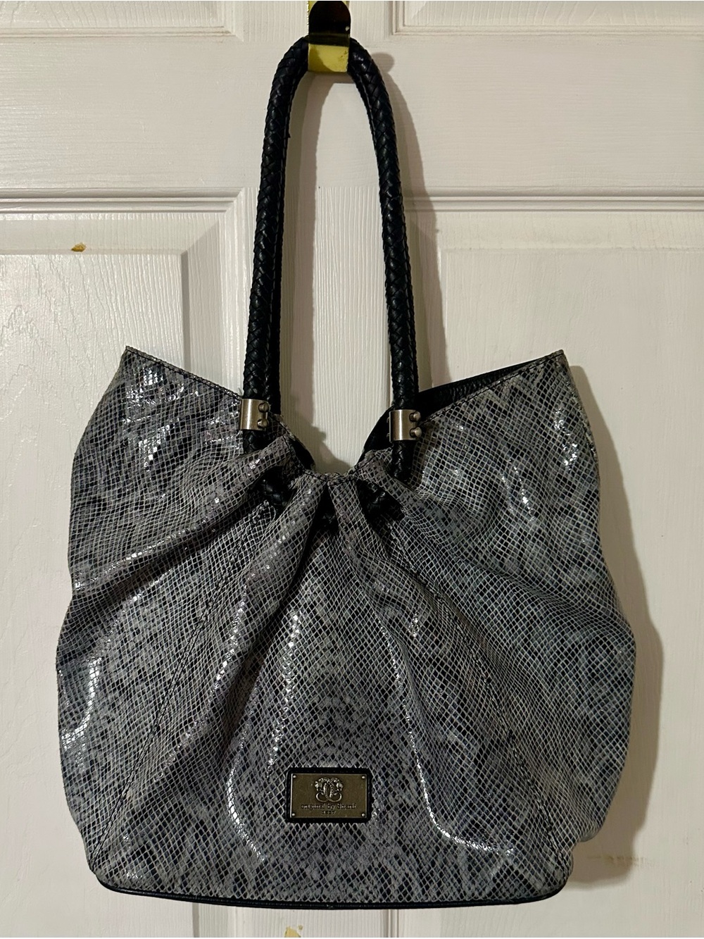 Snake-Print Grey Tote with Braided Handles